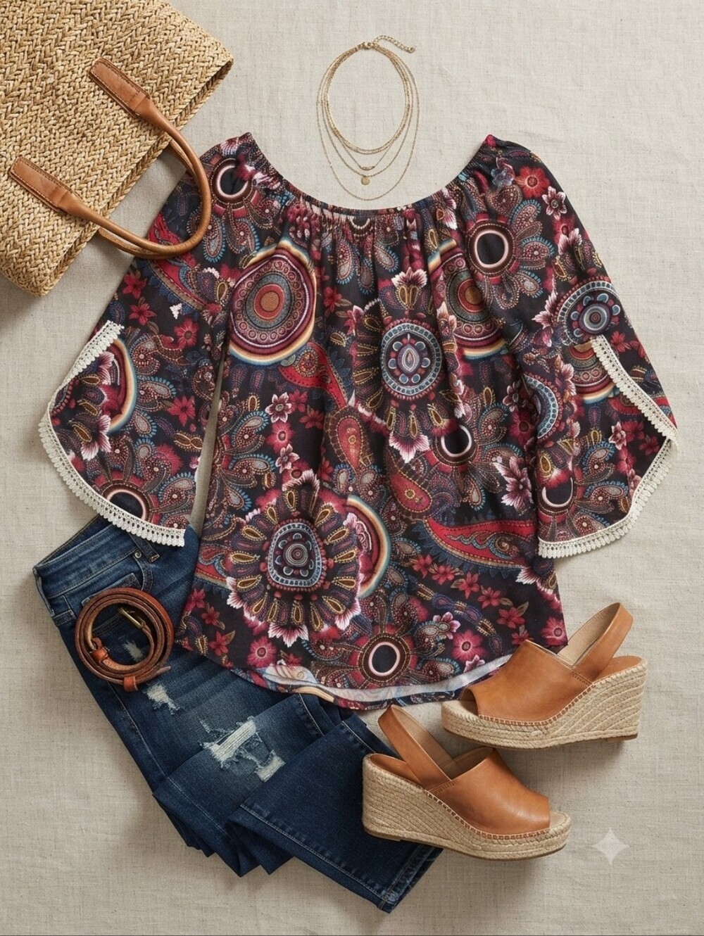 WinWin Red Black Paisley Print Lace Trim Sleeve Tunic